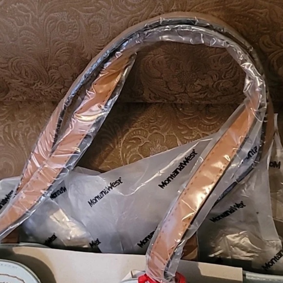 NWT Montana West Tote Bag Top Handle Oversized Handbag Light Blue Brown Piping - Picture 5 of 14